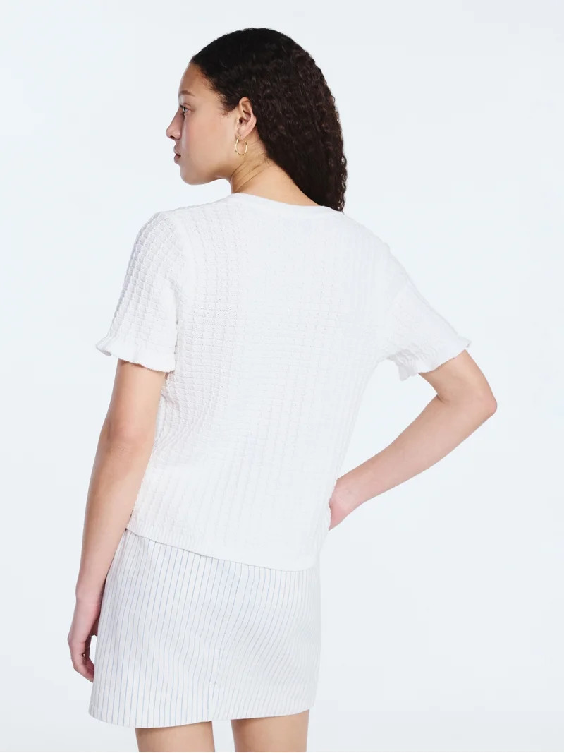 Free Assembly Women's Cotton Basketweave Cardigan Sweater with Short Ruffle Sleeves, Lightweight,... | Walmart (US)