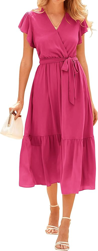 BTFBM Women Summer Bohemian Floral Casual Wrap V Neck Ruffle Cap Sleeveless Belt A-Line Pleated H... | Amazon (US)