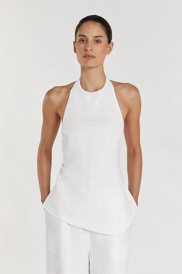 SERENA WHITE LINEN ASYM HALTER TOP | DISSH