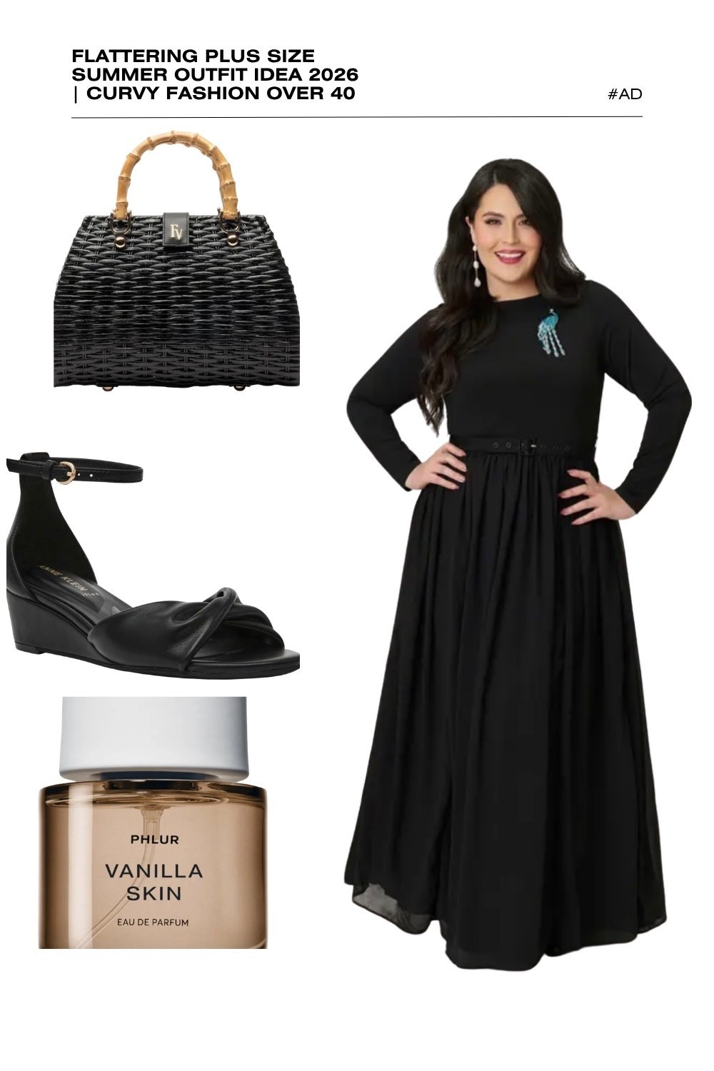 Looking for a sophisticated black plus size summer evening outfit for 2026? This flattering long-sleeve maxi dress is a stunning choice for curvy fashion over 40. Featuring a classic crew neckline and a belted waist that defines your silhouette, this dress offers a sleek and timeless look perfect for a summer date night, formal event, or wedding guest attire.
We’ve styled this chic black gown with a black wicker bamboo handle satchel for a touch of summer texture and paired it with comfortable black ankle-strap wedge sandals. The look is completed with the warm, viral scent of Phlur Vanilla Skin. Discover how to style a black dress for summer with elevated accessories. #PlusSizeFashion #BlackMaxiDress #SummerEveningOutfits #CurvyStyle2026 #PhlurVanillaSkin #Over40Style