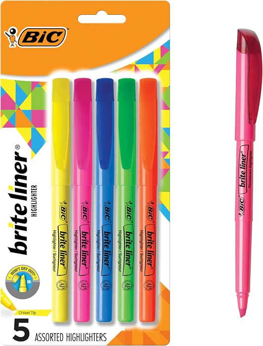 BIC Brite Liner Highlighters, Chisel Tip, 5-Count Pack, Assorted Colors | Amazon (US)