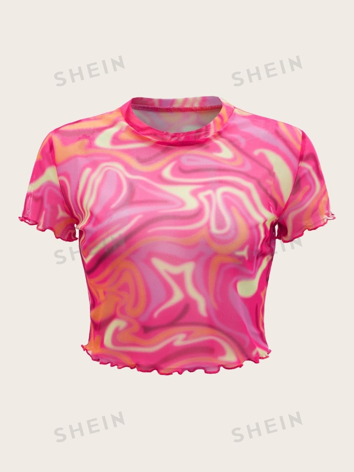 SHEIN ICON 90s Marble Print Lettuce Trim Crop Mesh Top | SHEIN