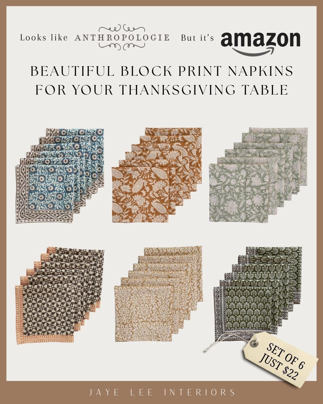 Anthro or Amazon? Who would guess?! Gorgeous Block Print Napkins for your Thanksgiving Tablescape...
So affordable too! With coupon, each set of 6 is just $22! which is your favorite?
#tablesetting #placesetting #ThanksgivingTable #dinnerparty #hostessgift #FallDining #jleeinteriors 

 

#LTKHoliday #LTKSaleAlert #LTKfoodie