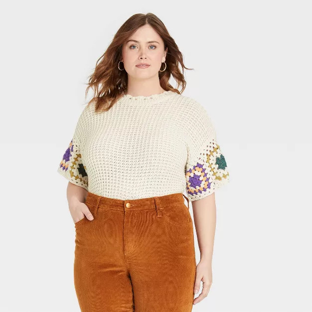 Women's Short Sleeve Crewneck Crochet Pullover Sweater - Universal Thread™ | Target