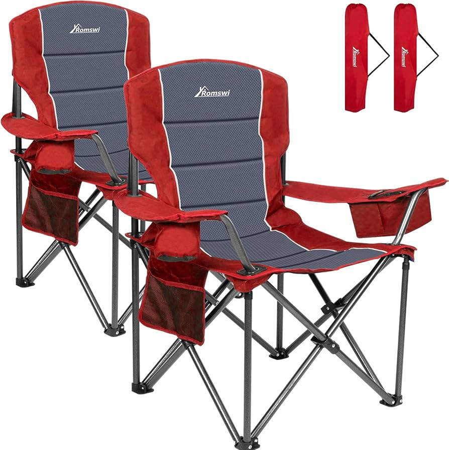 Romswi Oversized Camping Chairs,Heavy Duty Support 500 LBS,Padded Back & Arm Sport Chairs, Cup Ho... | Amazon (US)