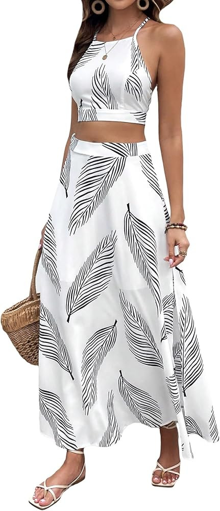 Verdusa Women's 2 Piece Outfits Beach Vacation Outfits Tropical Print Tie Back Cami Top and Split... | Amazon (US)