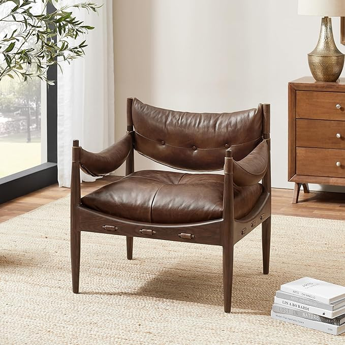 Art Leon Genuine Leather Accent Chair - Mid Century Modern Arm Chair with Ash Wood Frame, Upholst... | Amazon (US)