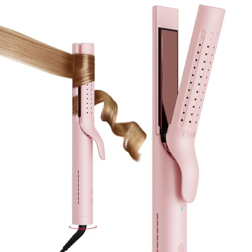 TYMO Airflow 2.0 Curling Iron Flat Iron - Hair Straightener and Curler 2 in 1, 1.25 Inch Curling Wand for Long Short Hair, Dual Voltage for Travel, 54 Million Ionic, Anti-Tangle, 5 Temps, Pink | Amazon (US)