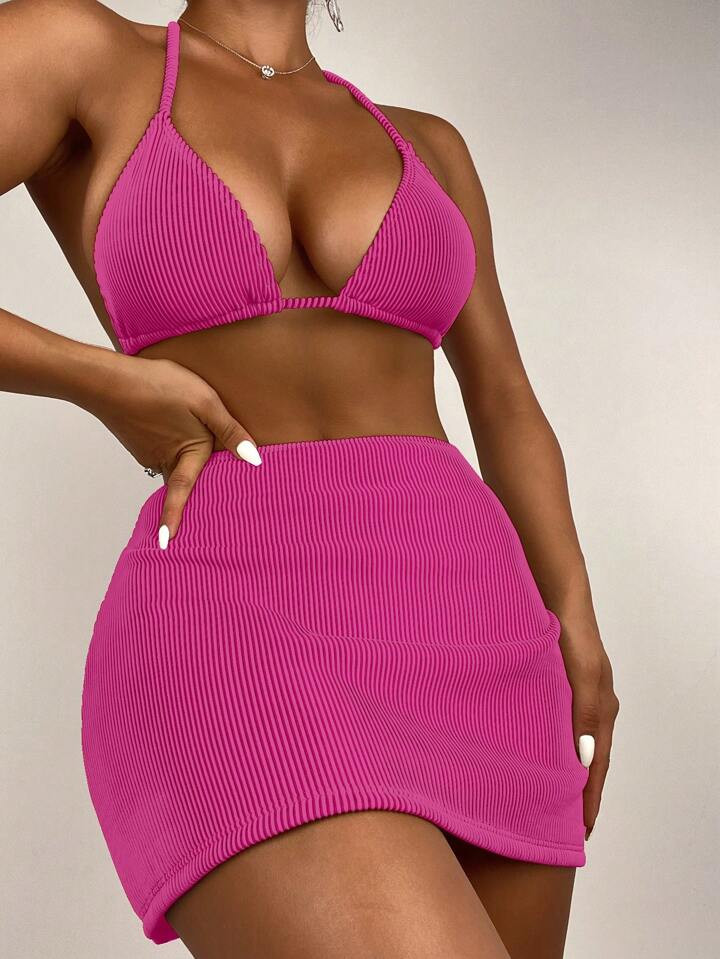 SHEIN Swim Women's Summer Beach Solid Color Halter Neck Bikini Set With Skirt Cover Up, 3pcs | SHEIN
