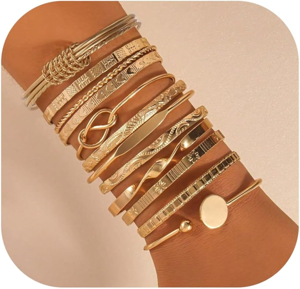 ÌF ME Gold Bangle Bracelets for Women, Indian Bangles Stackable Set, Multi Layer Textured 14K Go... | Amazon (US)