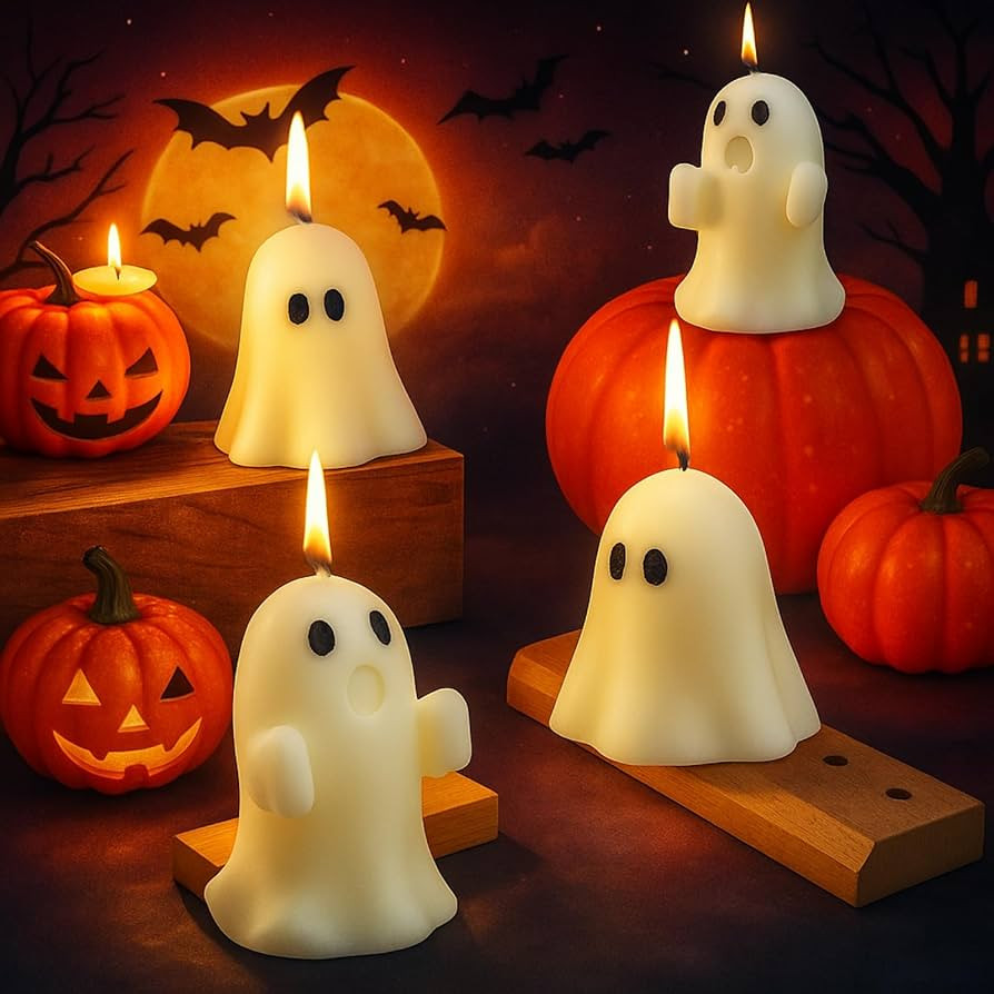 Minatee 4 Pieces Large Halloween Ghost Candles Ghost Spooky Decor Burning White Scented Wax Candl... | Amazon (US)