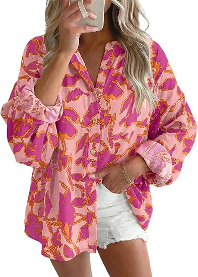 Astylish Womens 2026 Boho Floral Loose Spring Summer Tops Lantern Sleeve Flowy Blouses V Neck But... | Amazon (US)