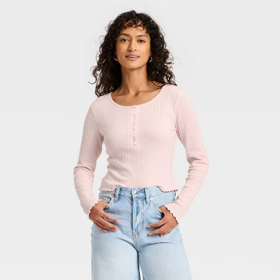 Women's Long Sleeve Pointelle Henley Shirt - Universal Thread™ Pink XS | Target