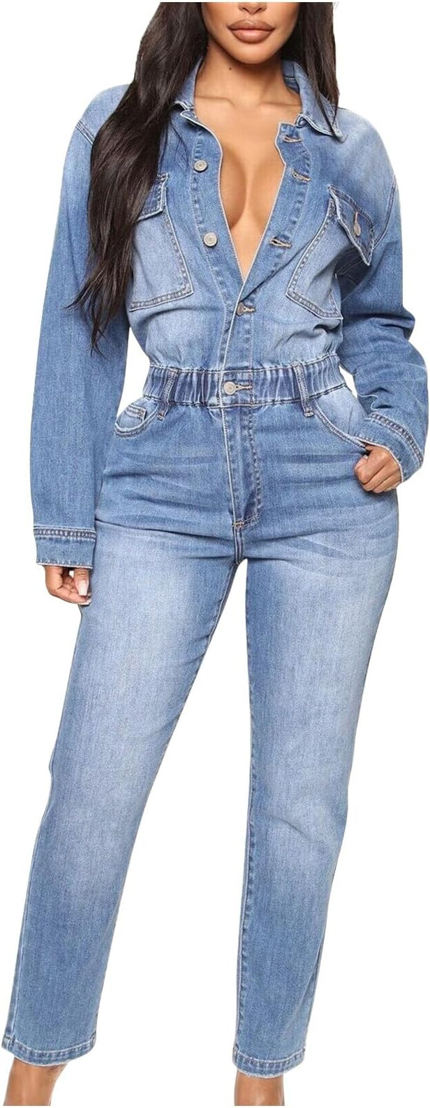 hlysgo Women's Sexy Button Down Slim Fit V Neck Long Sleeve Denim Jumpsuit Fashion Lapel Full Len... | Amazon (US)