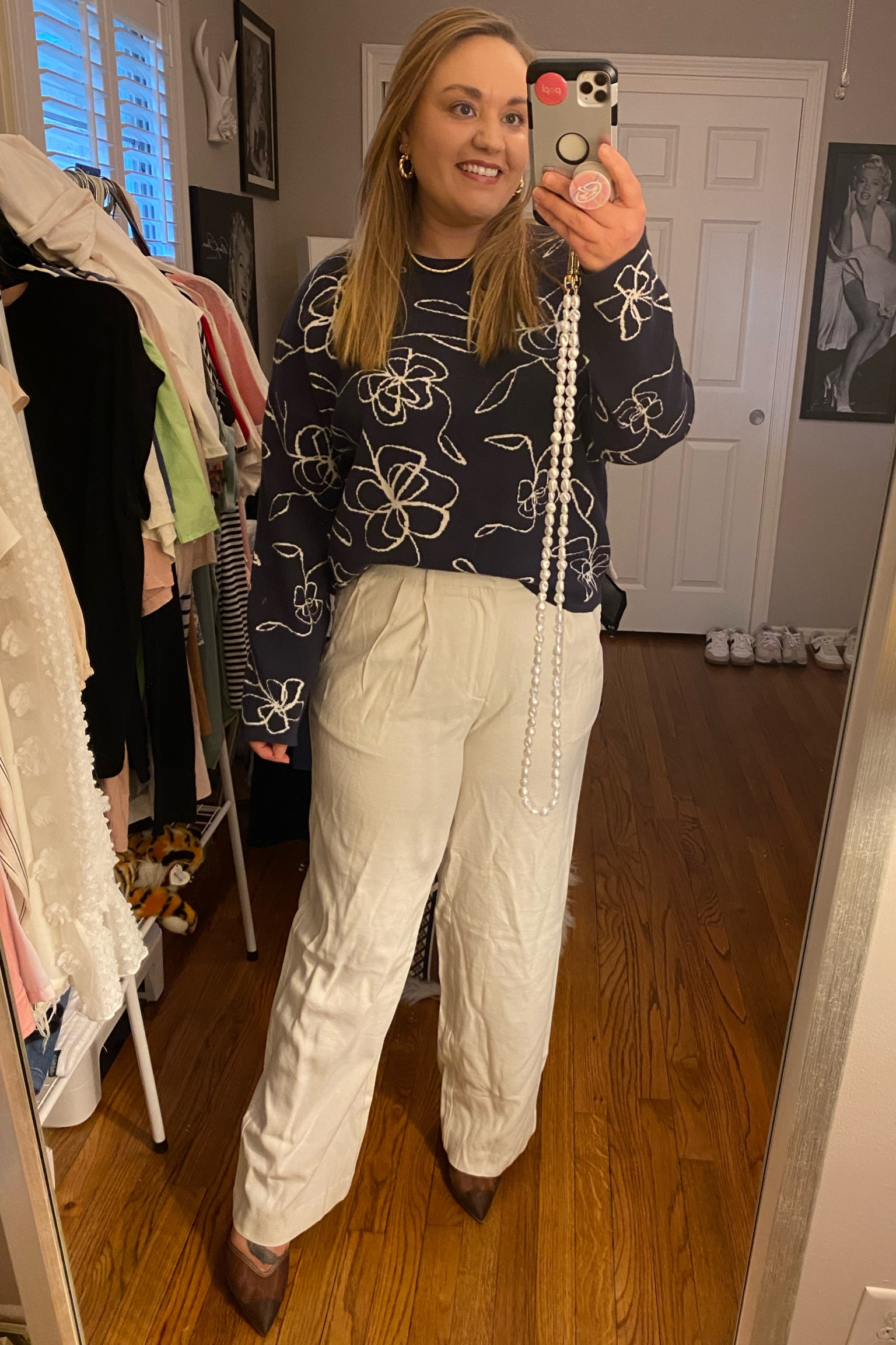 Obsessed with this Navy and ivory sweater, target sweater, target outfit, workwear, work outfit, work pants, slacks, dress pants, phone strap, gold jewelry, gold necklace, electric picks, sweater weather, cream pants

#LTKFindsUnder50 #LTKWorkwear #LTKMidsize