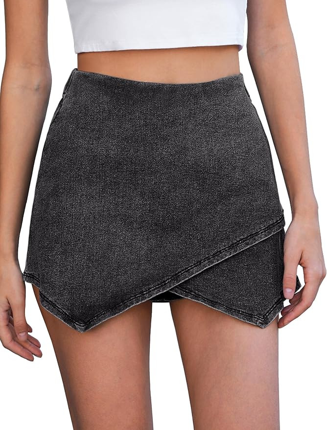 Vetinee Jean Skorts for Woman High Waisted Pull On Elastic Waist Wrap Asymmetrical Stretch Denim ... | Amazon (US)