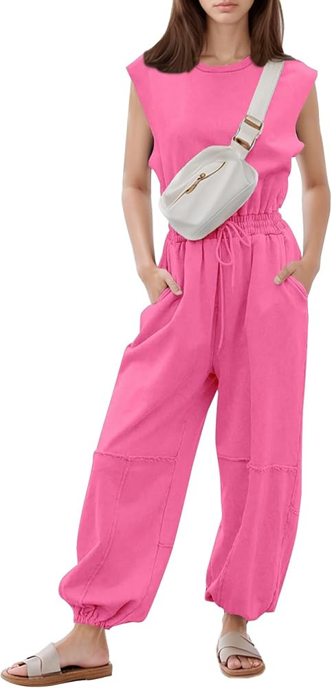 Flygo Womens Casual Jumpsuit Crewneck Cap Sleeve Long Wide Leg Pants One Piece Outfits Drawstring... | Amazon (US)