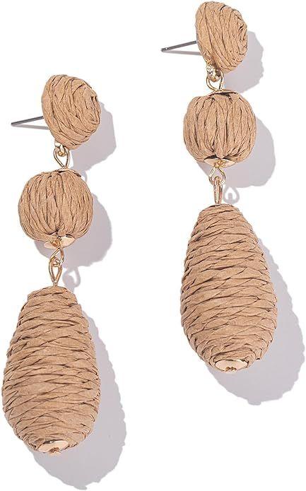 Boho Raffia Earrings Statement Dangle Earrings Cute Teardrop Ball Earrings Colorful Summer Jewelr... | Amazon (US)