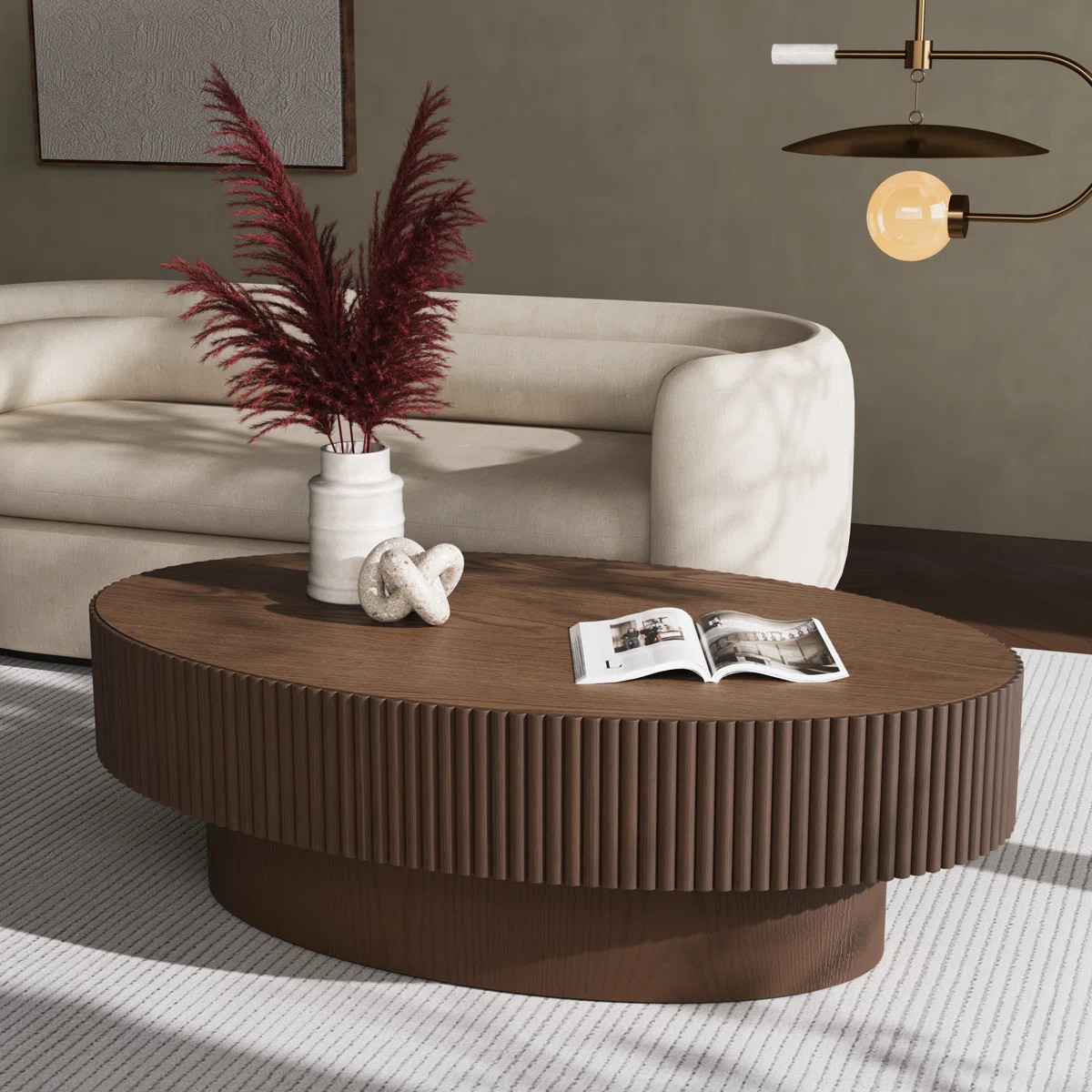 Alethia 44'' Handcrafted Oval Coffee Table \u2013 Fluted Solid Wood Design in Red Oak & White Ash | Wayfair North America