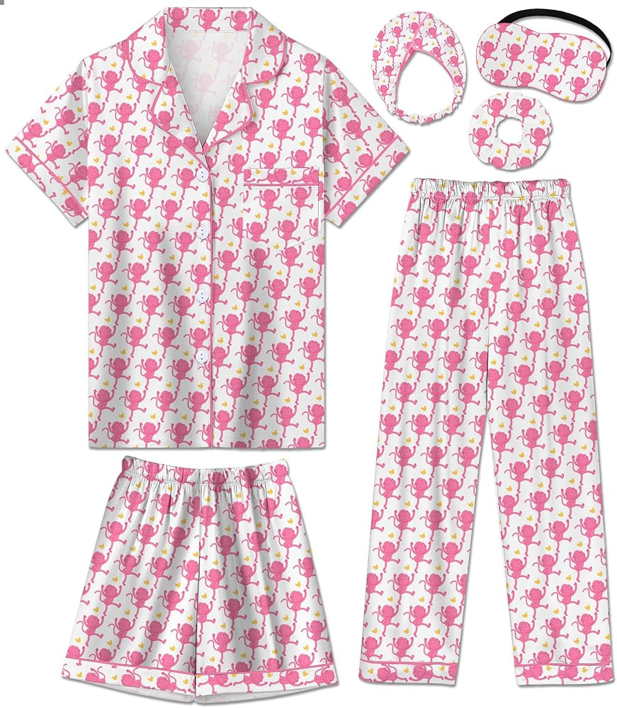 Silk Pajamas for Girls Satin Pajama Kids 3 Pieces Short Sleeve Girl Button-down Pjs Shorts Pants ... | Amazon (US)