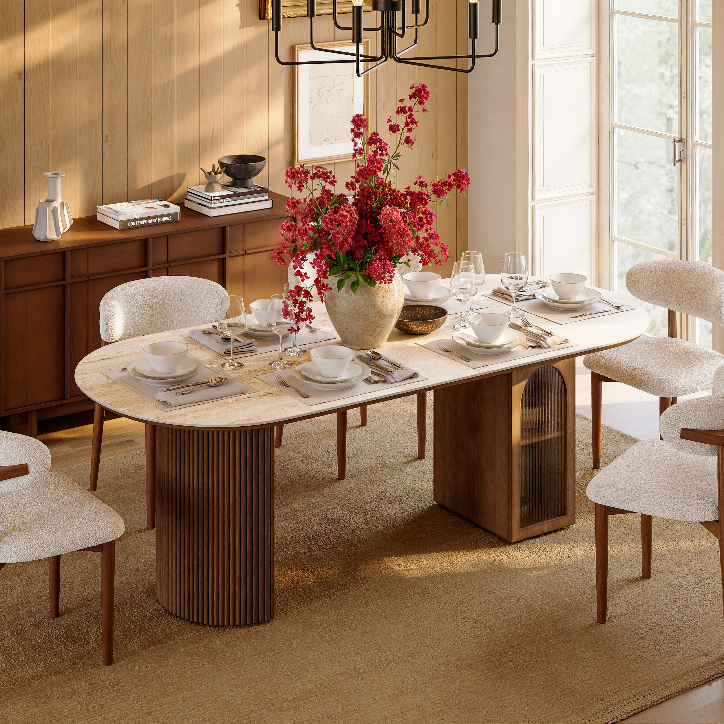 71"" Faux Travertine Oval Dining Table with Fluted Base & Storage | Homary