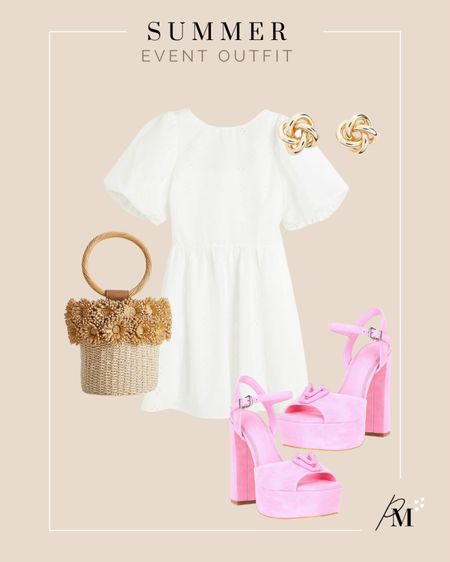 hm white puff sleeve dress
floral raffia bucket bag 
hot pink suede platform heel 
gold knot stud earring

#LTKunder100 #LTKstyletip #LTKshoecrush
