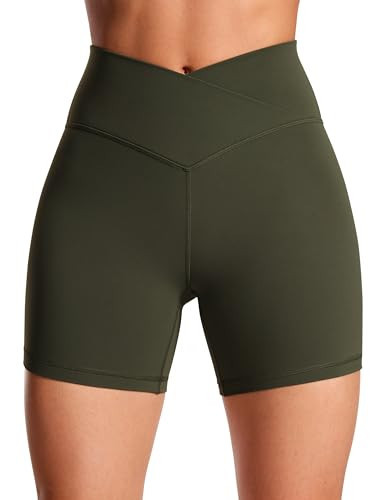 CRZ YOGA Womens Butterluxe Crossover Biker Shorts 5 Inches - Criss Cross High Waisted Workout Yoga Buttery Soft Olive Green Large | Amazon (US)