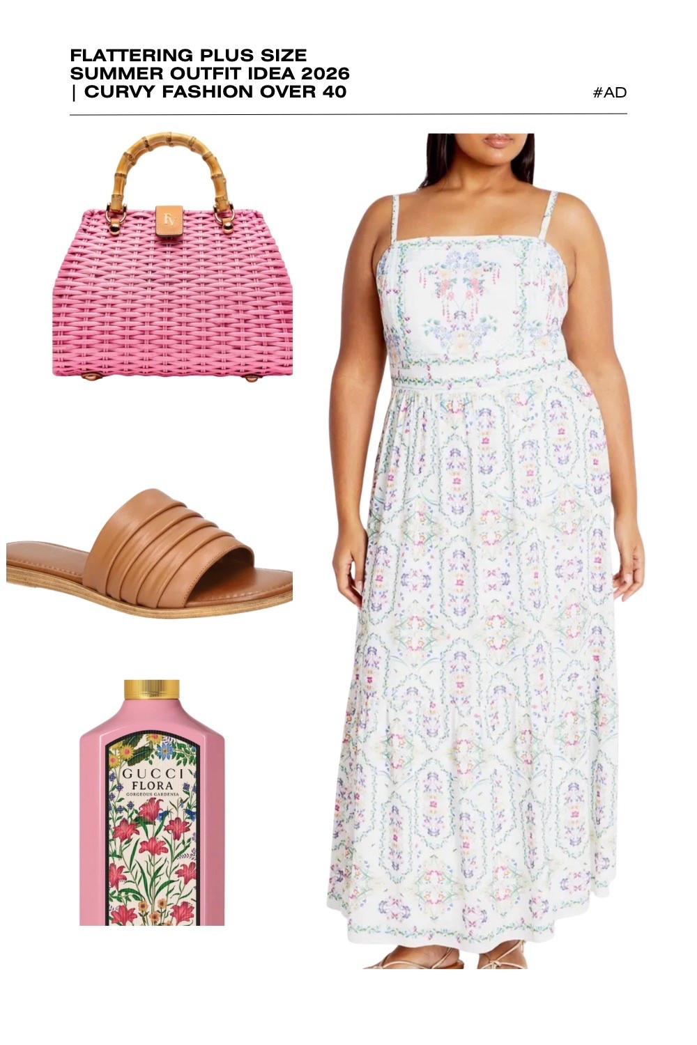 Embrace the romance of the season with this delicate pastel floral plus size outfit idea for 2026! This flattering square-neck sundress is a premier choice for curvy fashion over 40, featuring a vintage-inspired botanical print and a breezy maxi length that’s perfect for a summer garden party, bridal shower, or afternoon tea.
We’ve styled this ethereal floral dress with a statement pink wicker bag with a bamboo handle to pull out the rosy tones in the print. To keep the look grounded and comfortable, we’ve added tan ribbed slide sandals. The ensemble is perfectly finished with the lush, floral scent of Gucci Flora Gorgeous Gardenia. Discover how to style pastel florals for curvy figures this summer. #PlusSizeFashion #SummerSundress #GardenPartyOutfit #CurvyStyle2026 #GucciFlora #CottagecoreStyle #SummerWeddingGuest