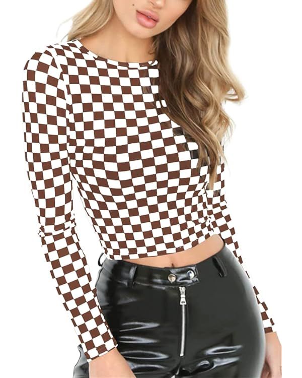KACAOAC Women's Long Sleeve Checkered Print Sexy See Through Sheer Mesh Crop Top Tee T Shirts | Amazon (US)