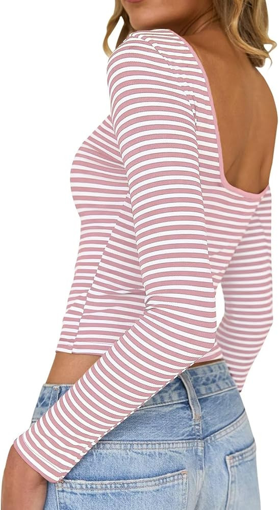 Long Sleeve Shirts for Women Sexy Backless Striped Tops Going Out T-Shirt Y2K Crop Womens Blouse ... | Amazon (US)