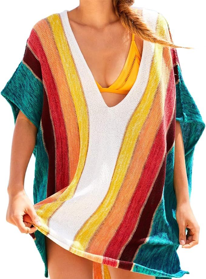 HZSONNE Women's Rainbow Color Block V Neck Hollow Out Mesh Half Batwing Sleeve Oversized Knitted ... | Amazon (US)