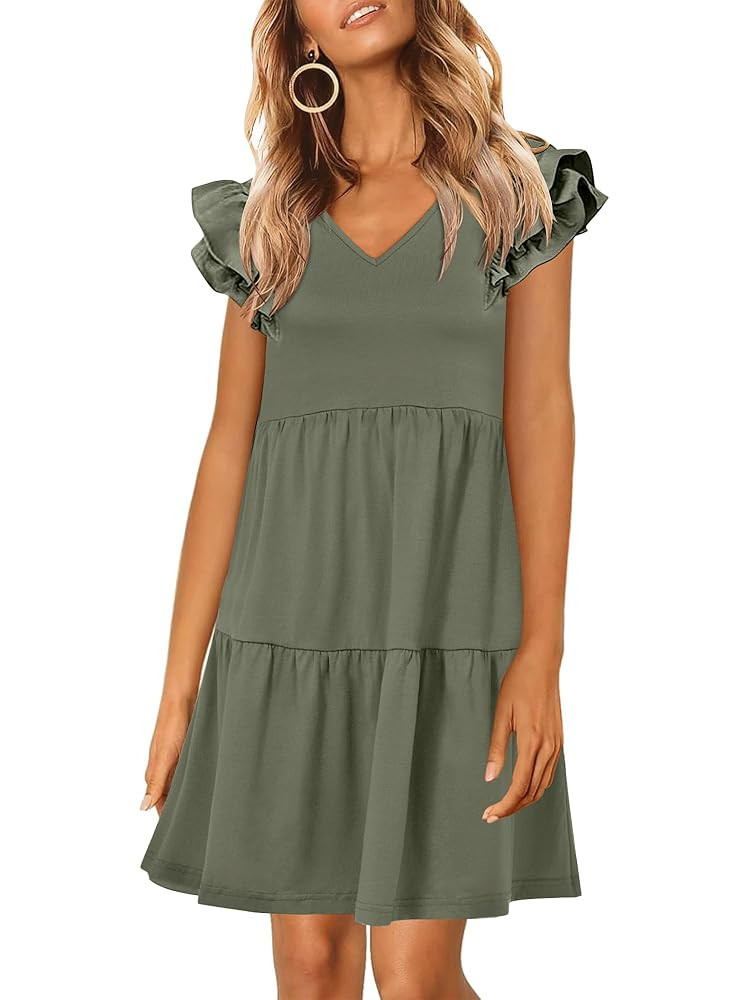 ANRABESS Womens Summer Ruffle Cap Sleeve Mini Dress 2025 Spring Swing V Neck Beach Vacation Short... | Amazon (US)