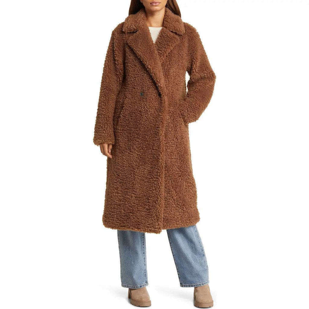 Bernardo Faux Shearling Double Breasted Longline Coat in Brown at Nordstrom Rack, Size Large | Nordstrom Rack