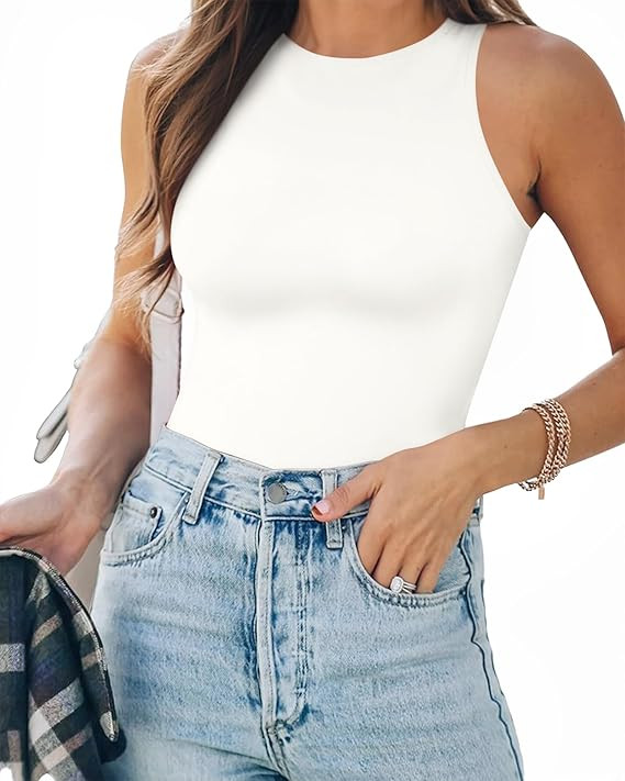 MANGOPOP Tank Top Body Suits Women Sexy Crew Neck Racerback Halter Ribbed Sleeveless Bodysuit for... | Amazon (US)