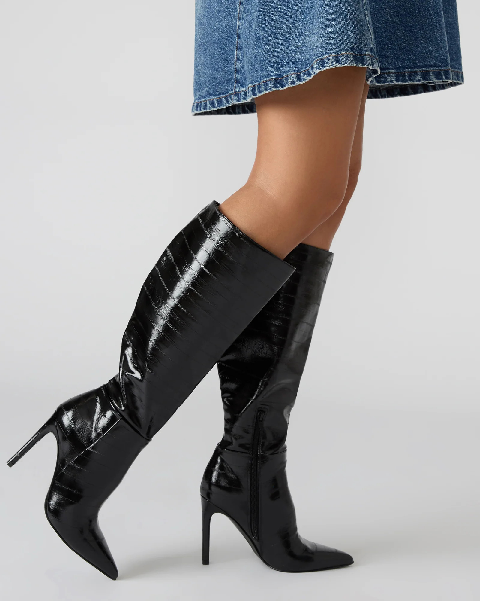 NITRO Black Eel Pointed-Toe Stiletto Heel Knee-High Women's Boots | Steve Madden (US)