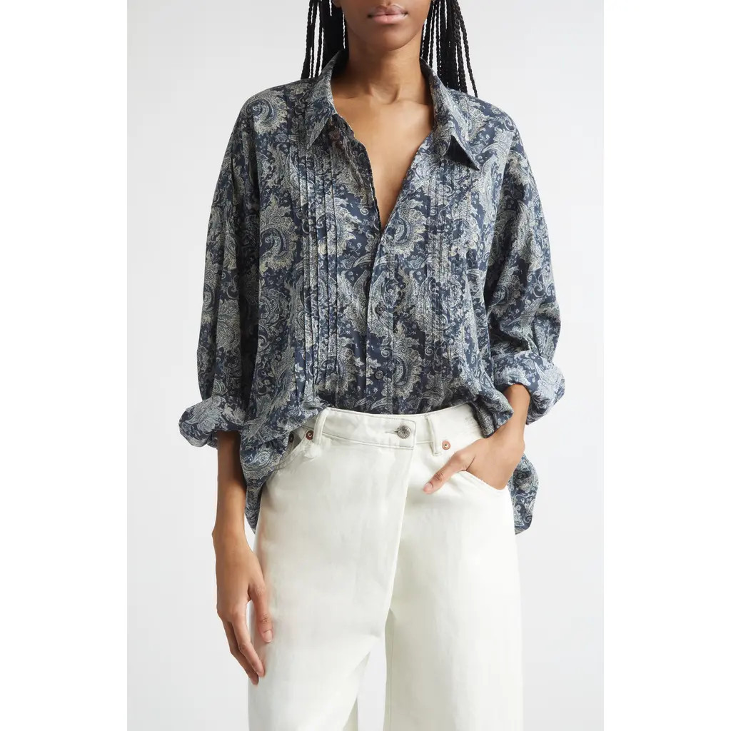 R13 Drop Neck Pintuck Paisley Print Button-Up Shirt in Blue Indigo Paisley at Nordstrom, Size Medium | Nordstrom