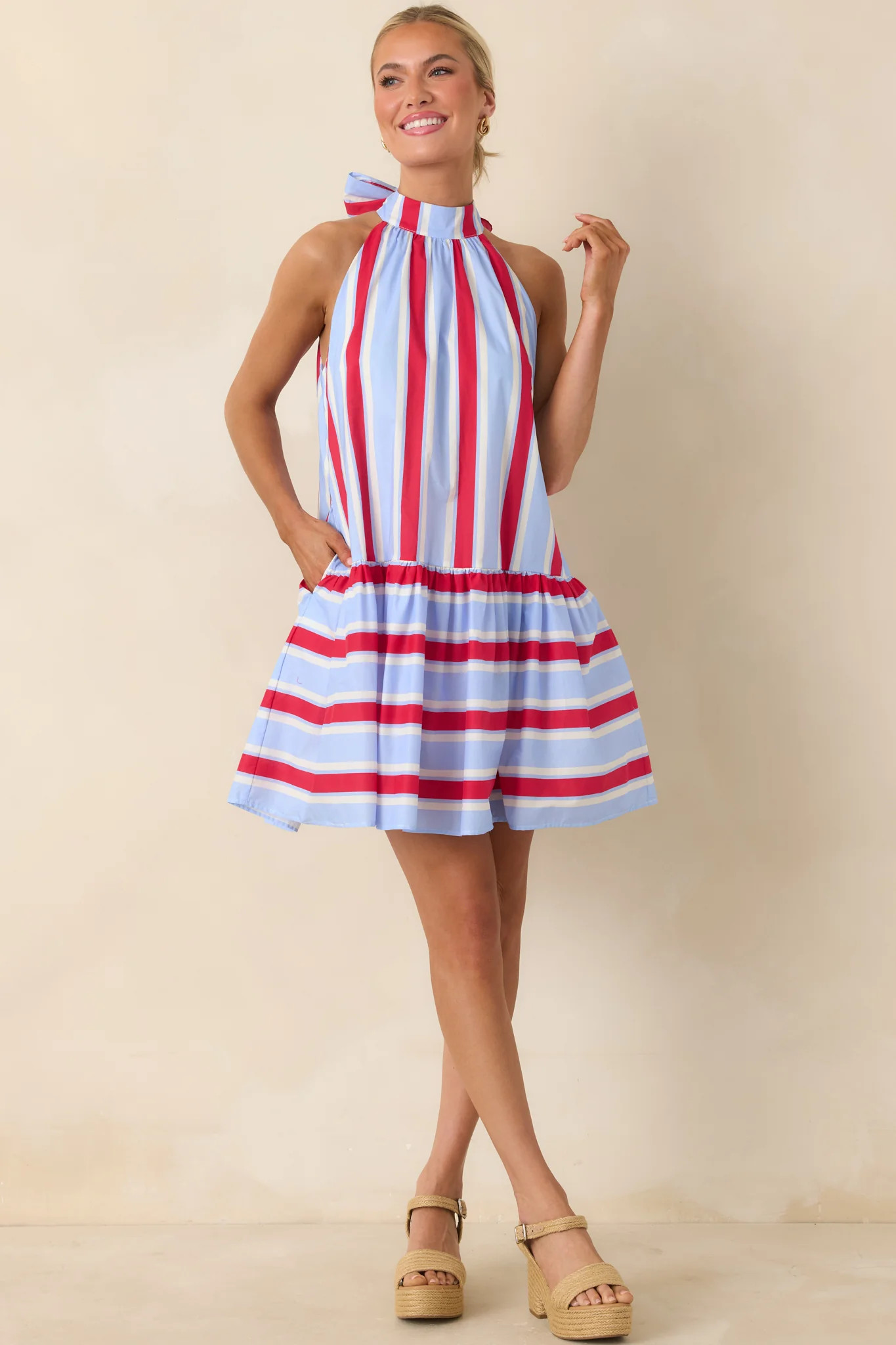 Made for Fireworks Red & Light Blue Stripe Cotton Halter Tiered Midi Dress | Red Dress