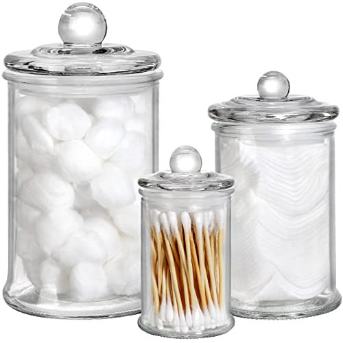 Suwimut Set of 3 Glass Apothecary Jars with Lids, Bathroom Canisters Storage Container Jars, Decorative Small Glass Apothecary Jar for Cotton Swabs, Cotton Balls, Makeup Sponges, Bath Salts | Amazon (US)