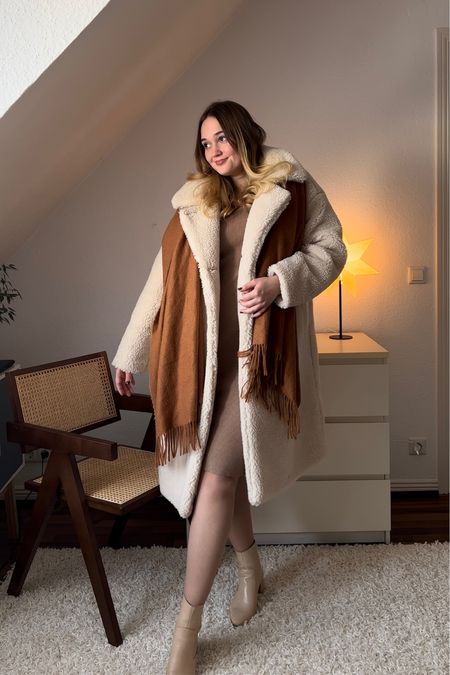 Teddy jacket, beige scarf, neutral fit, beige aesthetic, crème knit dress, small hills, boots, running errands chic outfits 

#LTKeurope #LTKfit #LTKworkwear