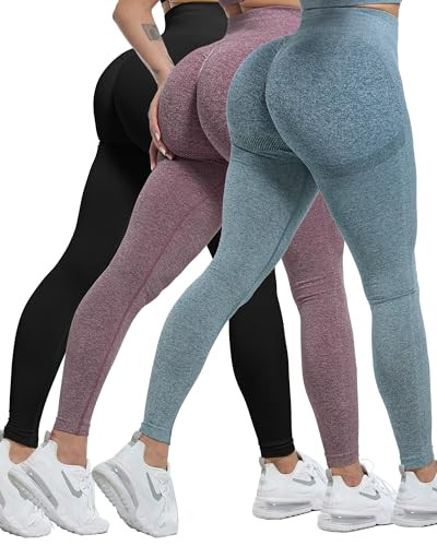 CHRLEISURE 3 Piece Workout Leggings Sets for Women, Gym Scrunch Butt Butt Lifting Seamless Leggings (Black,Blue,Wine, XL) | Amazon (US)