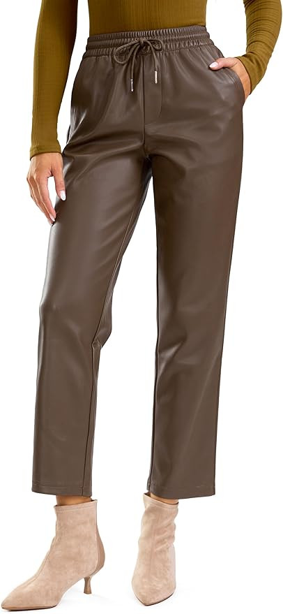 SANTINY Women's Faux Leather Pants High Waisted Straight Leg Cropped Ankle Trousers Vegan Matte P... | Amazon (US)