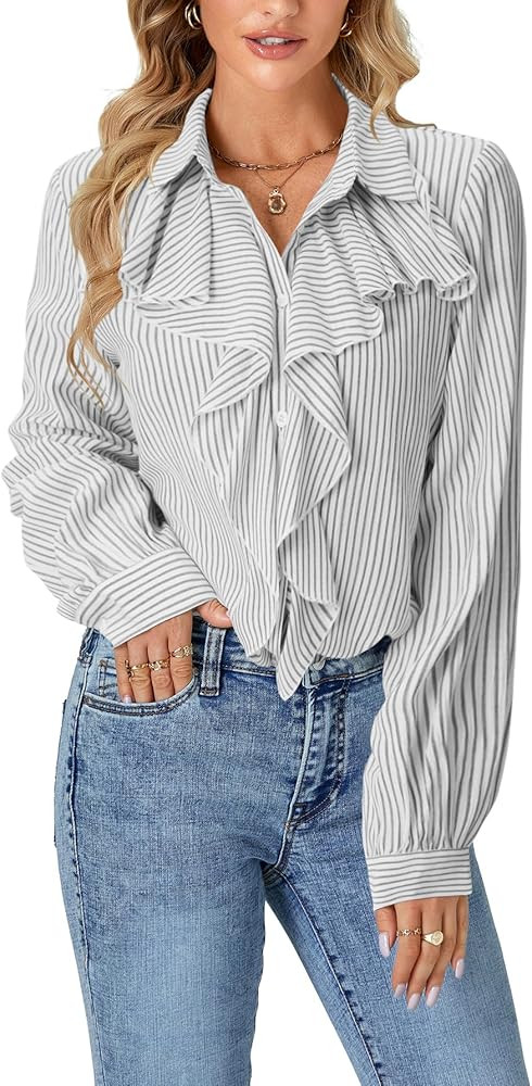 LYANER Women's Dressy Ruffle Blouse Long Sleeve Collar Neck Button Down Victorian Shirt Tops | Amazon (US)