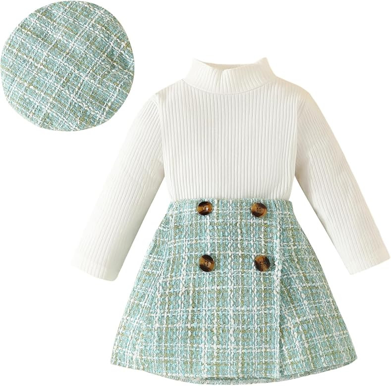 KMBANGI Toddler Girl Skirt Set Knitted Ribbed Long Sleeve T-Shirt Tops Plaid Tweed Pattern Skirt ... | Amazon (US)