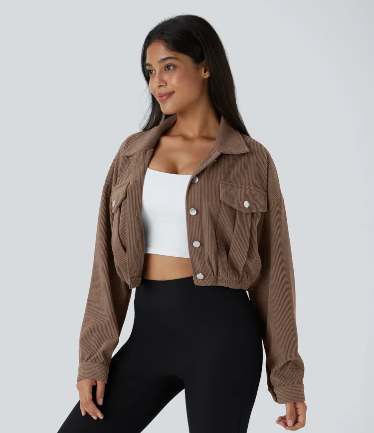 Women’s Pocket Cropped Corduroy Casual Jacket - Halara | HALARA