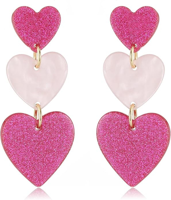 Hot Piink Heart Earrings for Women Pearl Heart Earrings for Teen Girls Three Heart Dangle Earring... | Amazon (US)
