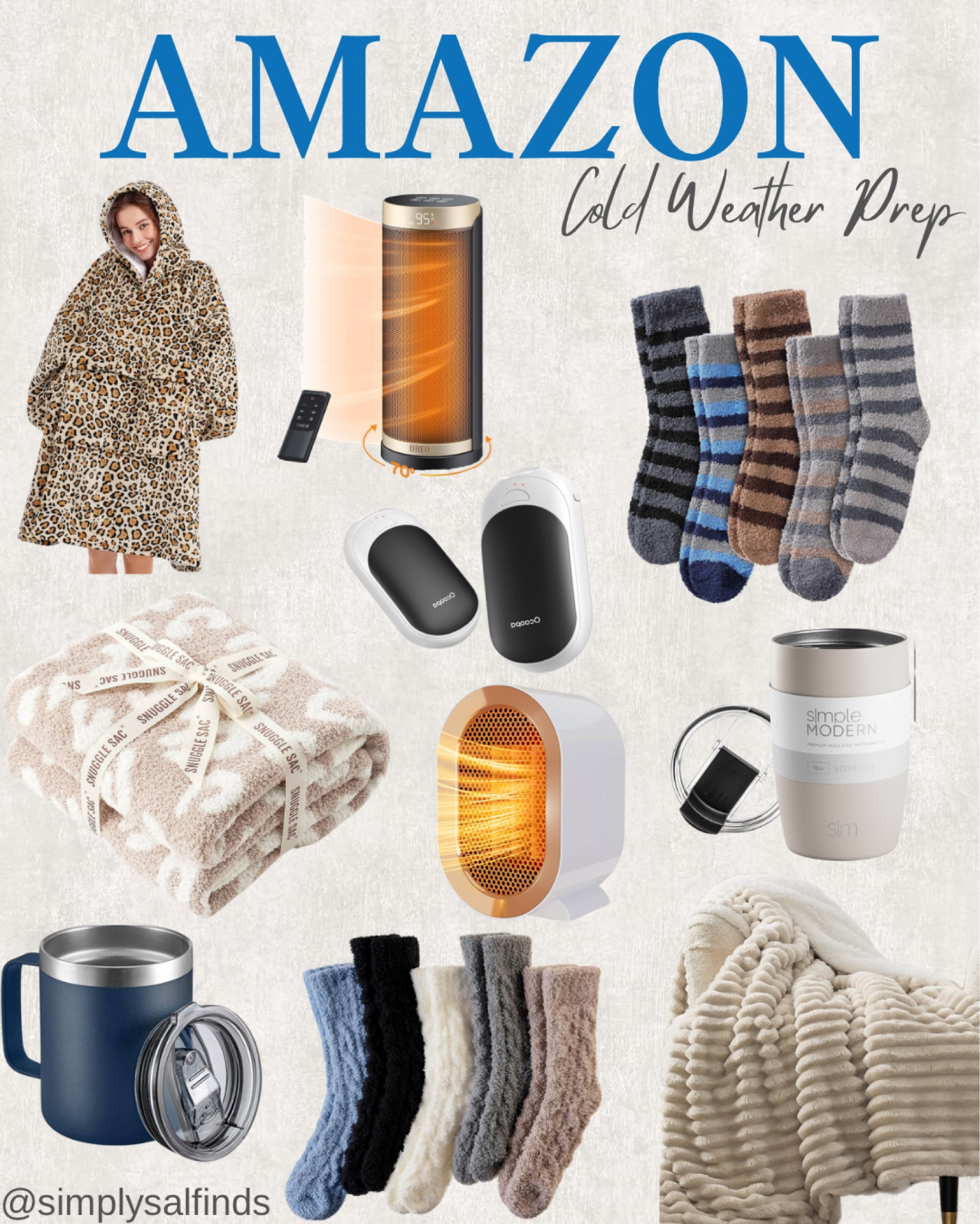 AMAZON- Cold Weather prep

Oversized blanket hoodie, magnetic rechargeable hand warmers, simple modern travel mug, stainless steel insulated coffee mug, electric space heater, men’s cozy socks, women’s cozy socks, cozy throw blanket, soft throw blanket





#LTKFindsUnder100 #LTKSeasonal #LTKFindsUnder50