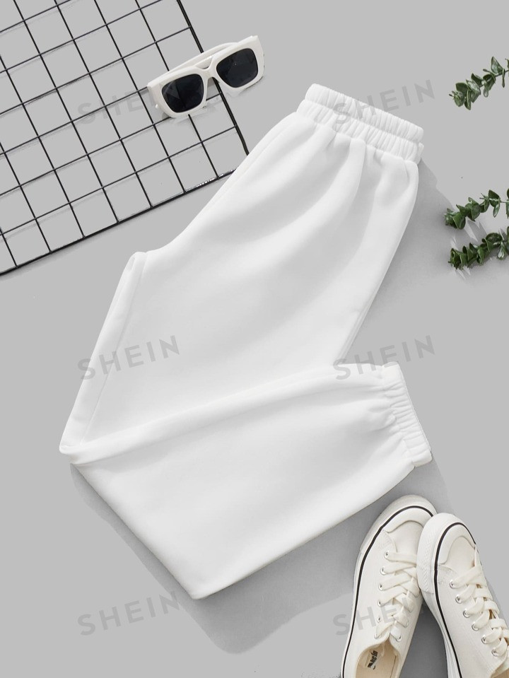 SHEIN PETITE Solid Elastic Waist White Sweatpants | SHEIN