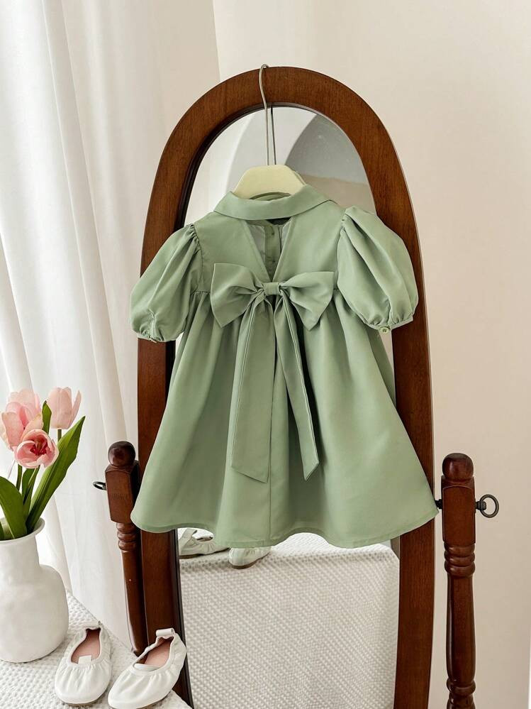 SHEIN LMoss Kids Baby Girl Cute Green Short Sleeve Collared Dress, Summer | SHEIN