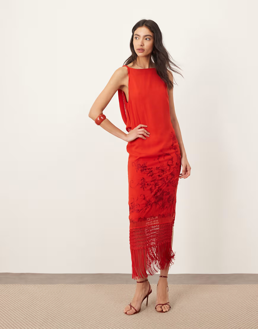 ARRANGE embroidered drape back midi dress with fringe hem in red | ASOS (Global)
