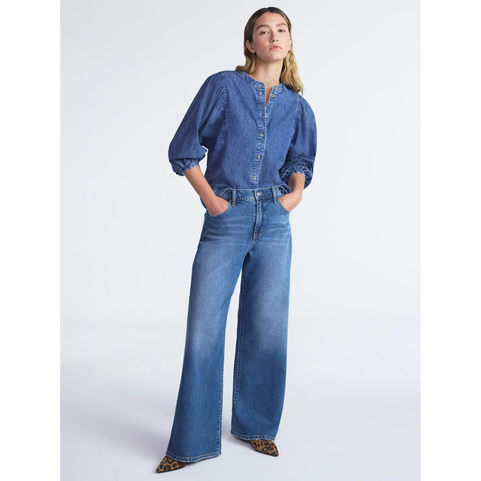 Scoop Women's Cotton Denim Shirt with Blouson Sleeves, Sizes XS-XXL | Walmart (US)